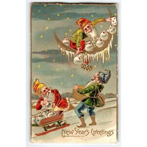 New Years Postcard 1900s Elves Gnome Dwarf Sits On Crescent Moon Money Bags Sled